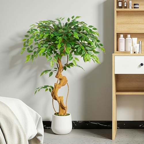 Keeplush - Artificial Ficus Plant, 120cm with White Pot, Real Large Artificial Plants with Curved Trunk and 930 Leaves Artificial Plant for Indoor Living Room Decor