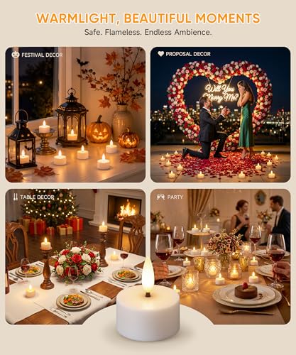 Dehobo Rechargeable LED Tea Light Candles Birthday Decoration 6 Pieces – Decorative Flame-Effect Candles with Charging Base More than 50 ~ 110 Hours – Flameless Candles for Party Home Living Room