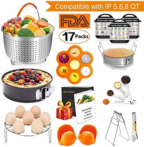 17 Pcs Instant Pot Accessories Set Compatible with 6 8 Qt, Pressure Cooker Accessories with Steamer Basket, Cake Pan, Rack, Egg Bites Mold, Spoon, Magnets, Bowl Clip, Tongs, Gloves, Ebook
