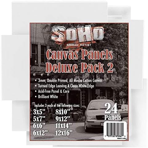 Soho Artist Canvas Panels Bulk Pack Professional Quality Painting Art Boards - All Media Cotton Canvas, Acid-Free Double Primed -3 Each 3x5" 5x7" 6x6" 6x12" 8x10" 9x12" 11x14" 12x16" 24 Multi-Pack #2
