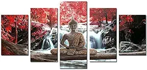 AWLXPHY Decor Buddha Wall Art Canvas Waterfall Painting Framed 5 Panels for Living Room Decoration Modern Landscape Buddha Trees Zen Stretched Artwork Giclee (Red, 60''x30'')