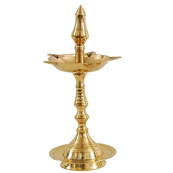 BrassLine (8INCHES) Regional Brass Kerela Fancy Diya Stand (Kuthu Vilakku) Lamp for Deepam Fancy Kerela Deepak Stand/Diwali Puja Lamp Golden