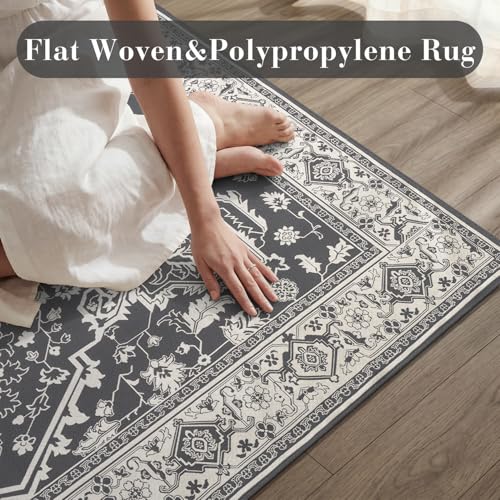 Engiw-Outdoor Rug-Patio Rug 8x10 Textured Weave Machine Washable Quick Dry Outdoor Carpet Braided Vintage Non Slip Indoor Outdoor Rug for Deck Porch Balcony Backyard Blackish Grey