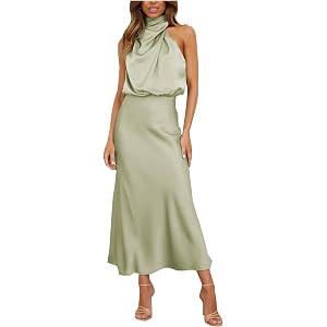 FlekmanArt Wedding Guest Dresses for Women Elegant Sleeveless High Neck Maxi Dresses Elastic Waist Dress Solid Satin Dress