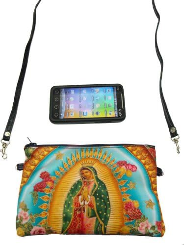 US Handmade Fashion CELL PHONE CASE, DIGITAL CAMERA BAG VIRGIN MARY GUADALUPE Latino Cultural Pattern Shoulder Bag US Handmade Cross Body Bag Handbag Purse Robert Kaufman Cotton Fabric, BLUE COLOR, CLPB 1503