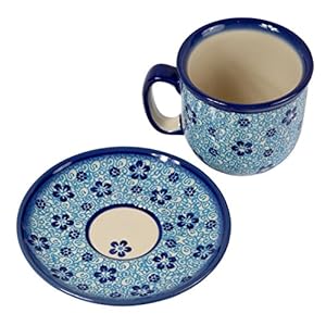Traditional Polish Pottery, Handcrafted Ceramic Coffee Cup and Saucer 275ml, Boleslawiec Style Pattern, F.201.Flow