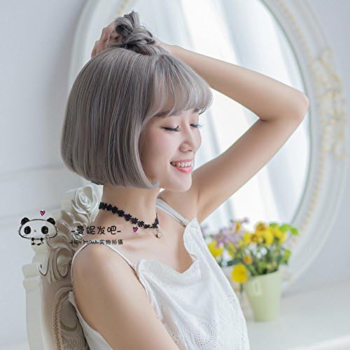 WIAGHUAS Wig Short Hair Wicker Purple Meatball Head Grey Short Hair Shoulder Liu Hai Purple Short Hair Wig,gray
