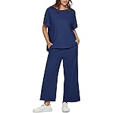 Glamaker Women's Two Piece Travel Lounge Outfits Matching Sets Crew Neck Pullover Tops Wide Leg Pants Airplane Outfits