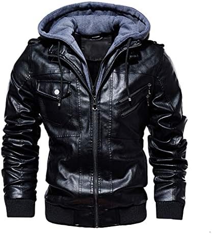 Fankle Men's Faux Leather Jacket with Hood Sale Zipper PU Leather