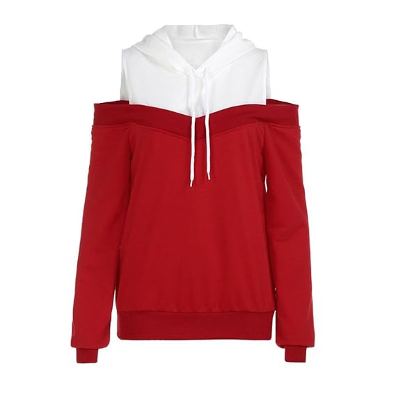 ESAILQ Damen Schulterfrei Langarm Hoodie Sweatshirt mit Kapuze Pullover Tops Bluse