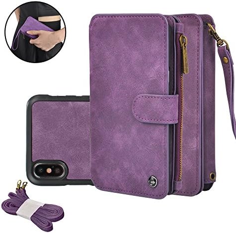 Mosheng iPhone X Wallet Case, Multifunction PU Leather Purse Zipper Pouch Detachable Cover Card Slots Stand Case with Wrist/Shoulder Strap for iPhone X 5.8 inch (Purple)