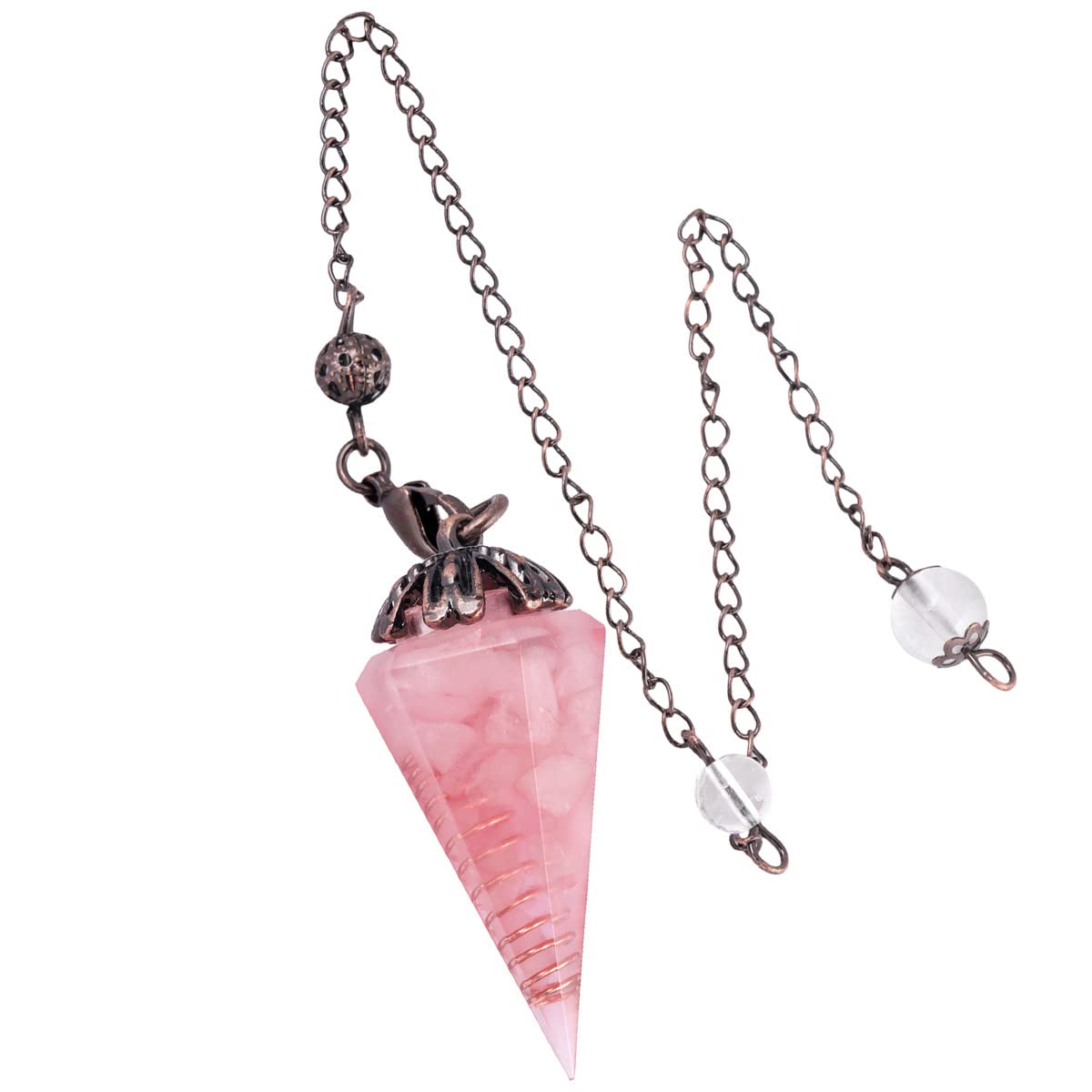 Nupuyai Rose Quartz Vintage Crystal Point Dowsing Pendulum for Divination Scrying, Healing Faceted Hexagonal Resin Chip Stone Pendulum with Chain