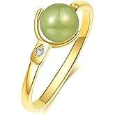 LOOYUUPEE Natural Hetian Jade Ring for Women, Dainty Lucky Green Jade Rings Handmade Adjustable Rings Jewelry Gift for Valentine and Mom (925 Sterling Silver with Gold Plated)