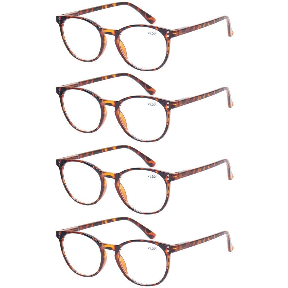 Kerecsen 4 Pack Retro Round Reading Glasses Men Women Spring Hinges Lightweight Quality Readers (3.0,Tortoiseshell)