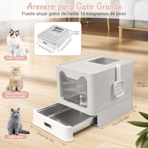 Arenero para Gato de Acero Inoxidable con Cajón Apto, Arenero para Gato Cerrada, con Pala para de Gatos, 51 * 41 * 38cm, para Gatos Grandes (Gris)