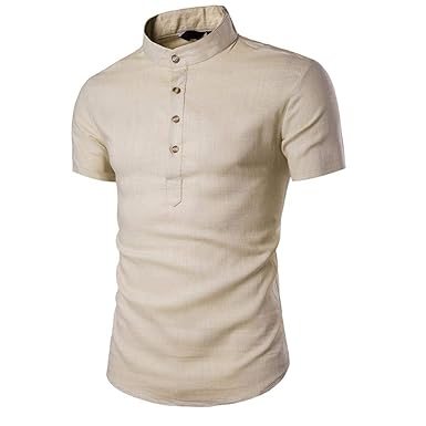 iLPM5 Herren Sommer Leinen Kurzarm Hemd Regular Slim Fit Freizeithemd Stehkragen Fisherman Hemd Feiner Baumwolle mit Holzknop