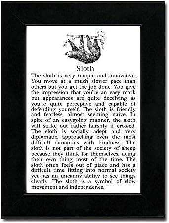 Sloth with Power Animal Message in 5x7 black frame