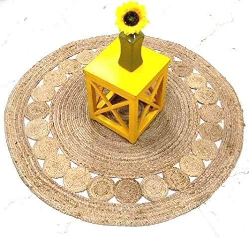 Detec Homze Jute Round Shape Single Piece Floor Rug - 122 X 122 cm - Beige Color