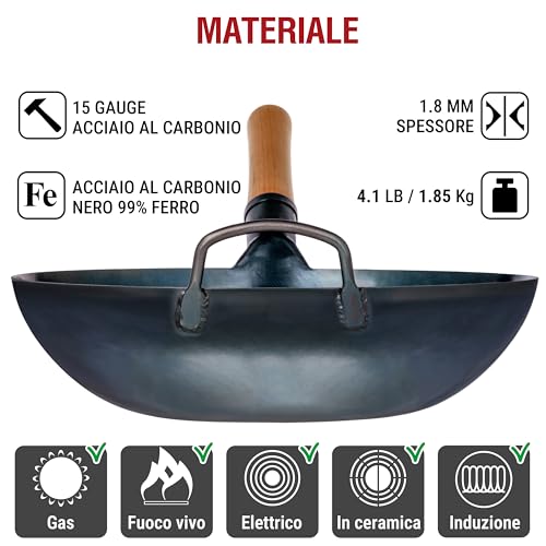 YOSUKATA Professional Wok Pan 34 cm – Traditional Wok Carbon Steel Blue Pre-Conditioned Flat Bottom – Original Chinese Frying Pan – Suitable for Electric Induction Gas and Open Fire