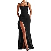 ABYOVRT Women Formal Dresses Sleeveless Bodycon Ruched High Slit Sexy Maxi Dress Cocktail Prom