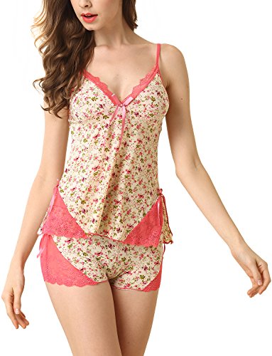 Queen.M Womens Pajama Set 2 Piece Lace Cami Shorts Sexy Nightwear Sleepwear One Size Fits XS-M