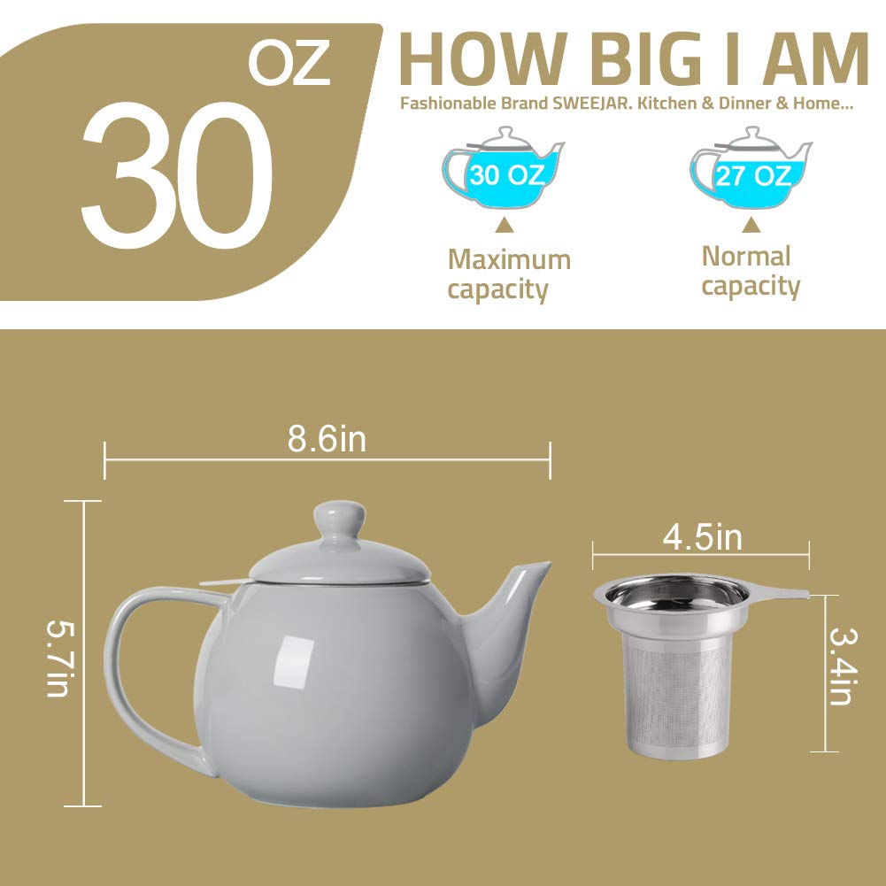 Sweejar Porcelain Teapot with Removable Stainless Steel Infuser,Microwave & Dishwasher Safe Tea Pots for Loose Tea,Tea Infuser Pots for Chrismas Women Gift (30oz White)