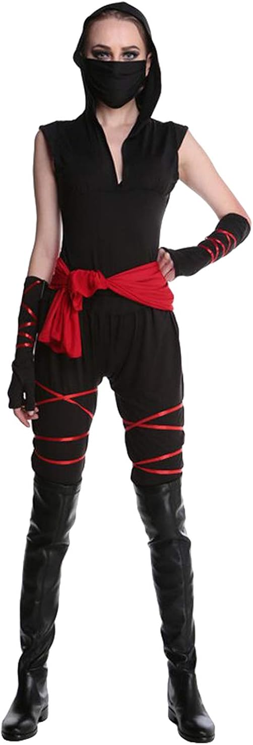 AniKigu Women's Halloween Party Outfit Black Masked Ninja Assassin