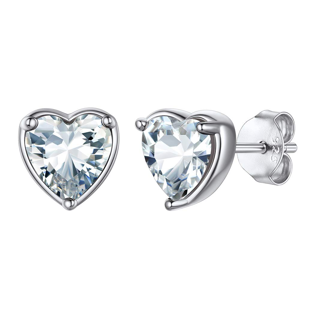 Silvora Sterling Silver Heart Stud Earrings for Women with Cubic Zirconia Birthstone Hypoallergenic Jewellery Gifts for Ladies Mum Girls