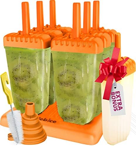 Lebice Popsicle Molds Set - BPA Free - 6 Ice Pop Makers + 1 Extra Silicone Lid + Silicone Funnel + Cleaning Brush + Recipes E-book