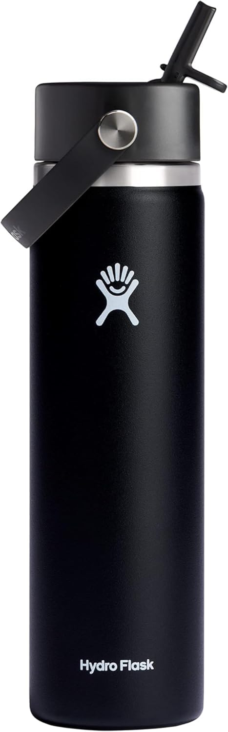 Photo 1 of Hydro Flask Water Bottle - Insulated Stainless Steel - Wide Mouth Flex Straw Lid, Non Spill, Leakproof and Refillable in 24 Oz Black