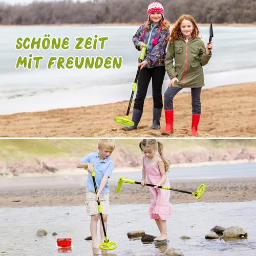 Metal Detector Children, Smofrees via USB Rechargeable Small Children's Metal Detector, Adjustable 60-86 cm Portable Metal Detector with Fun LCD Display for Outdoor Exploration, Light Green