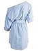 Simplee Women's One Shoulder Striped Belted Casual Mini Shirt Dress (10 Blue Stripe)