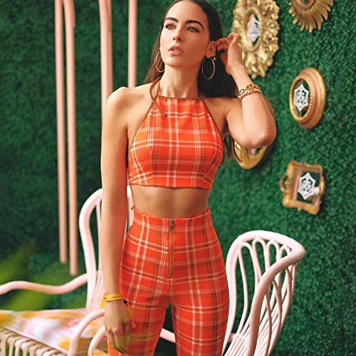 loukou Women Casual Halter Sleeveless Plaid Tops High Waist Zip Pants Set Pantsuits Orange