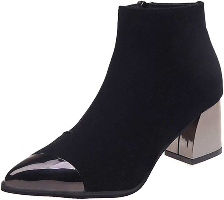 Rawdah Fashion Women Metal Pointed Toe Block Square Low Heels Suede High Heel Ladies Solid Mid Cuff Ankle Boots Wedges Chelsea Martin Boots Winter Autumn Work