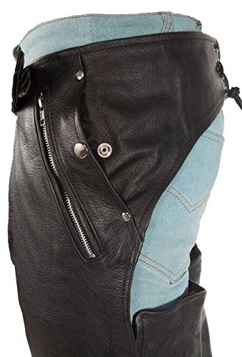 MEN'S MOTORCYCLE BLK LEATHER CHAP WTIH 4 POCKETS REMOVABLE LINER FULL ZIPPER (L Regular)