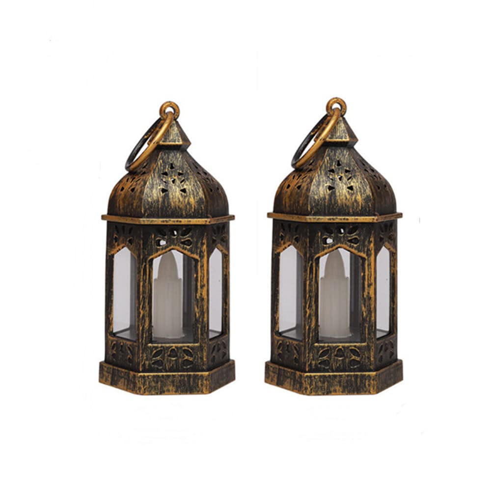 2 Pack Mini Lanterns, LED Portable Retro Pendant Lights for Christmas Candle Holders, Patio, Party, Hanging Lights Decoration (Bronze)