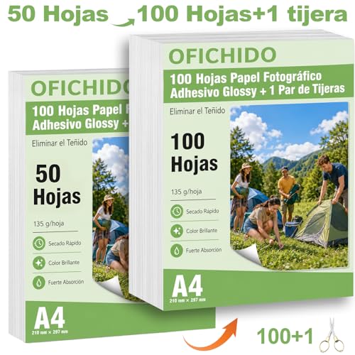 OFICHIDO - (100 Hojas) Papel Fotográfico Adhesivo Glossy 135 Gramos - tas A4 Y Brillante+tijera
