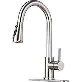 LUFG Kitchen Faucet with Pull Down Sprayer - Brushed Nickel Single Handle Kitchen Faucets, High Arc Stainless Steel Pull Out Kitchen Sink Faucet with Deck for RV Laundry Farmhouse Bar