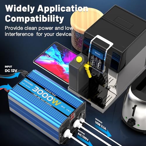 12 V 220 V Pure Sinus 3000 W Voltage Converter with USB and EU AC Current – Peak Power 6000 W Voltage Transformer