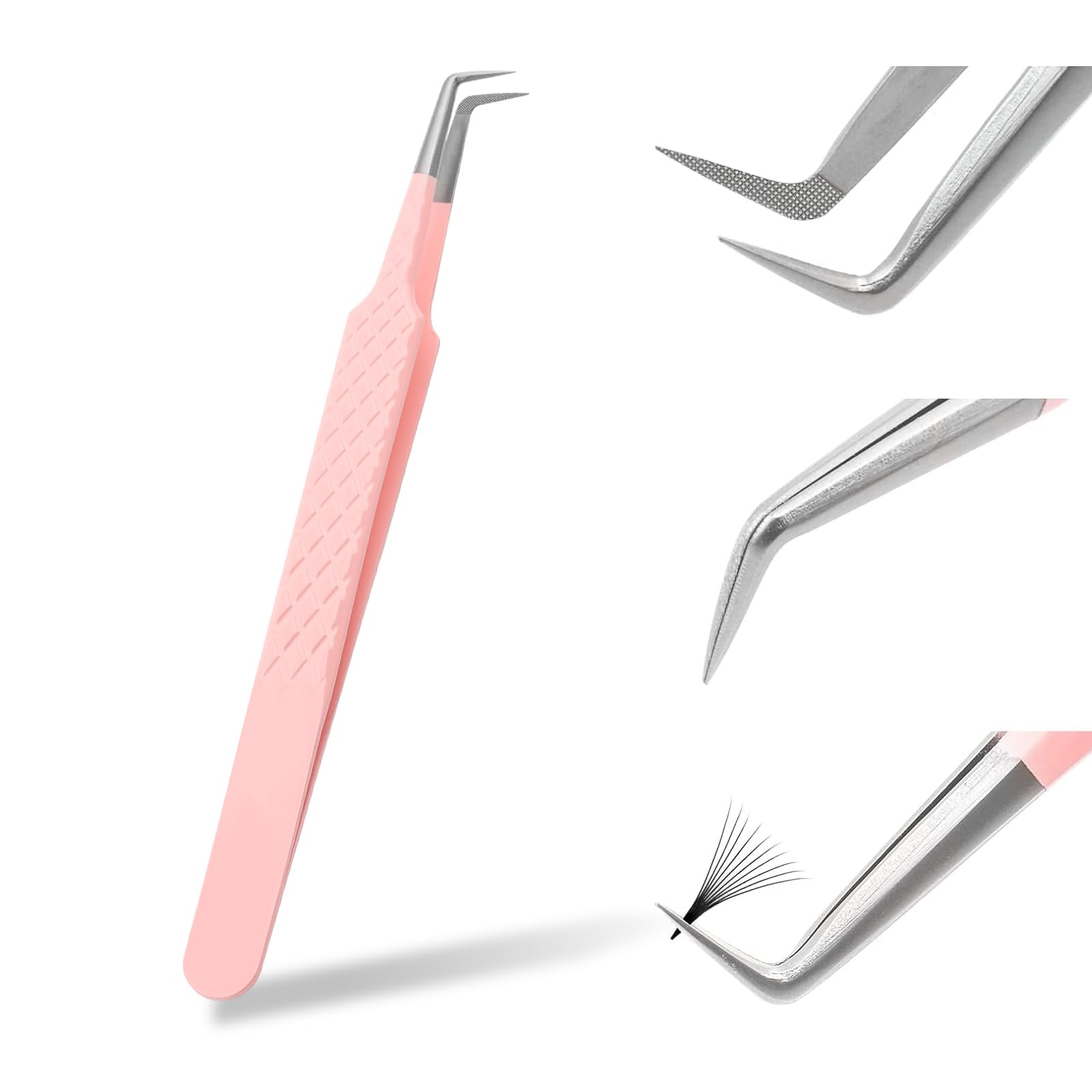 Tweezers for Eyelash Extension Professional Pink Stainless Steel Curved Tip Professional Eyelash Tweezers Striped FADVAN(90°Bend Shape)