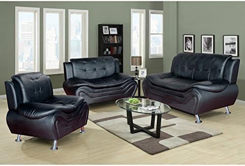 Beverly Furniture 3Piece Black Contempraray Faux Leather Living Room Sofa Set
