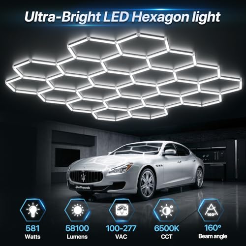 HYPERLITE Gen II Hexagon Garage Light, Upgraded 3 Level Dimmable 581W 58100LM Super Bright Garage Detailing Lights, 22 Grids Hexagon Shop Lights, Hex LED Lights for Basement, Gym, Barber