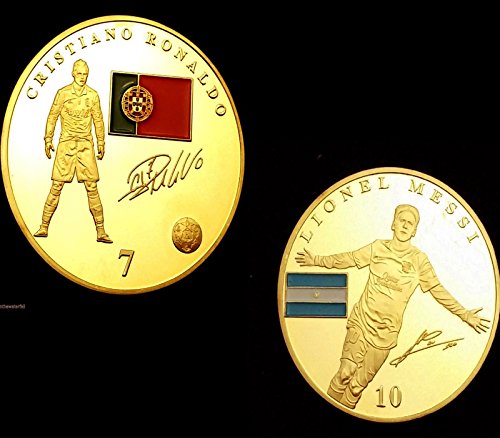 GOLD MINT Spanish Proof Set of 2 Soccer Legends Messi and Ronaldo 1Oz Huge Gold Dip Sign Autograph Medal Coins
