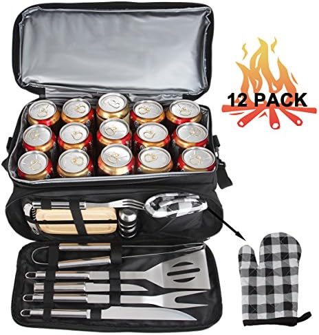 POLIGO 12PCS BBQ Grill Tools Set with 15 Can Black Insulated Waterproof Cooler Bag - Heavy Duty Stainless Steel Grilling Accessories Utensils - Complete Outdoor Grilling Kit - Birthday Gifts for Men
