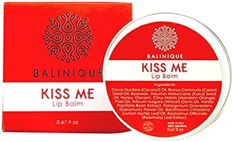 Premium Organic Lip balm Kiss Me by Balinique. All natural Moisturizing Lip Balm. Natural Beeswax, Coconut Oil, Castor Oil, Honey, Citrus Oil and Natural Oils of Other Flowers Growing in Bali