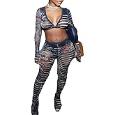 THLAI Women's Two Piece Sexy Lace Sets Long Sleeved Short Top Slim Pants See Through Print Outfits Clubwear