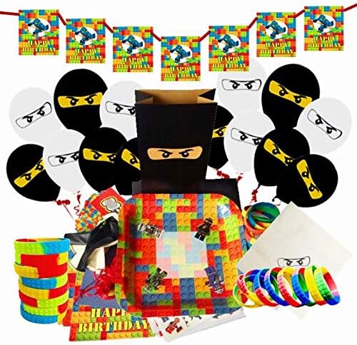 Merchant Medley Lego-Inspired Building Bricks and Blocks Party Supplies Pack Bundle for 10 Guests Plates Wristbands Stickers Temporary Tattoos Napkins Balloons Gift Bags Banner