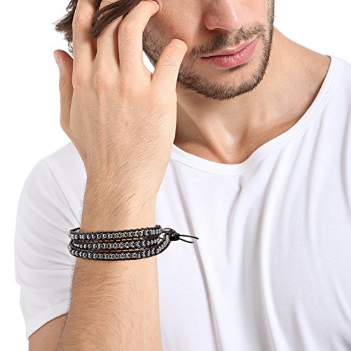 MOWOM Alloy Genuine Leather Bracelet Bangle Cuff Rope Simulated Hematite Bead 3 Wrap Adjustable - Thumbnail 6