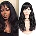 WIGNEE 100% Virgin Human Hair Wig Natural Wave Wigs with Bangs Brazilian Human Hair Wave Wigs Natural Black Color (18 Inch)