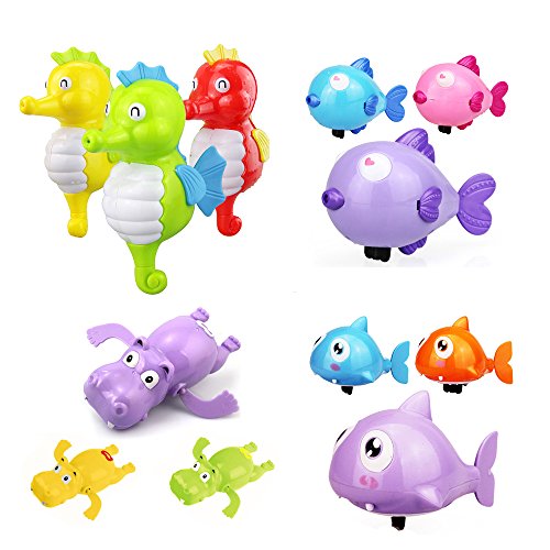 6 Pcs Floating Wind-up Bath Water Toys for Kids and Toddlers, Sea Animal Bath Toy Turtle Hippo Crocodile Hippocampus Fish, Bathtub Playset Clockwork Play Toy Kid Educational Water Toys